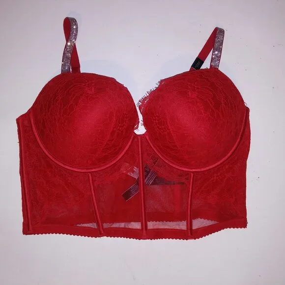 Victoria Secret Bra Push Up Red Silver Shine Strap Logo Lace Long Line Very Sexy Bras